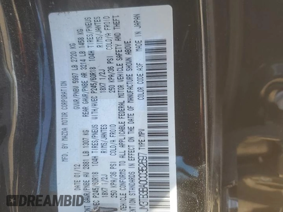 2012 Mazda CX-9 Sport with VIN JM3TB3BA0C0352697, listed as a Copart auction lot 52574245 with 179,812 mi miles and Salvage Title. Bid and sale history available at carsss.com. Image 15.