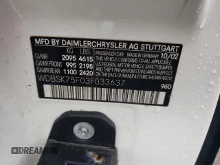 2003 Mercedes-Benz SL 500 z VIN WDBSK75F03F033637, wystawiony jako Copart lot #55441235 z przebiegiem Nie podano mil oraz Szkoda całkowita • Salvage title. Historia ofert i sprzedaży dostępna na DreamBid. Obrazek 12.