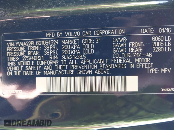 2016 Volvo XC90 T6 Inscription with VIN YV4A22PL6G1064524, listed as a IAAI auction lot 41795921 with 111,483 mi miles. Bid and sale history available at carsss.com. Image 9.