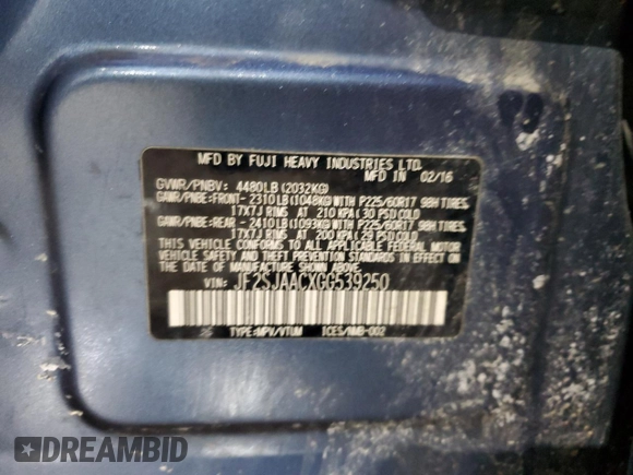 2016 Subaru Forester 2.5i with VIN JF2SJAACXGG539250, listed as a Copart auction lot 43784465 with 126,077 mi miles and Salvage title. Bid and sale history available at DreamBid. Image 12.