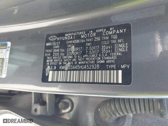 2017 Hyundai Tucson SE Plus with VIN KM8J33A45HU452928, listed as a IAAI auction lot 41601229 with 114,949 mi miles. Bid and sale history available at carsss.com. Image 9.