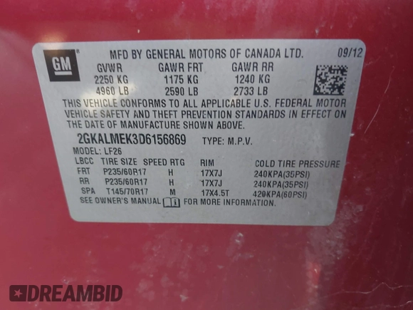 2013 GMC Terrain SLE with VIN 2GKALMEK3D6156869, listed as a IAAI auction lot 42491120 with 115,693 mi miles and . Bid and sale history available at DreamBid. Image 9.