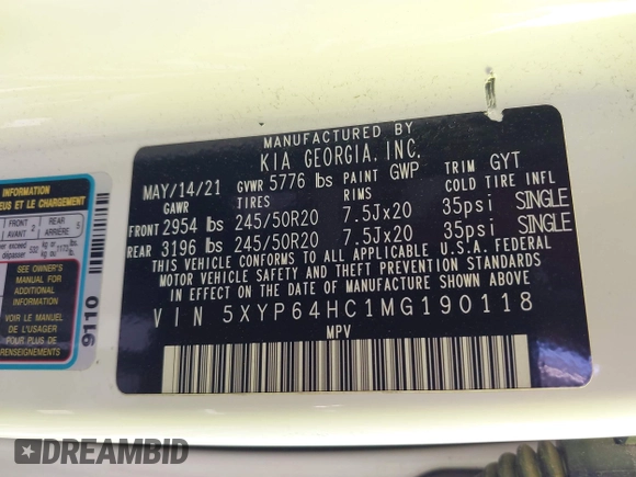 2021 Kia Telluride S with VIN 5XYP64HC1MG190118, listed as a IAAI auction lot 42078715 with 83,405 mi miles and . Bid and sale history available at DreamBid. Image 9.