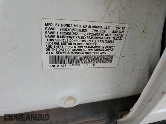 2013 Honda Pilot EX-L z VIN 5FNYF3H60DB001846, wystawiony jako Copart lot #87758365 z przebiegiem 144 345 mil mil oraz Szkoda całkowita • Salvage title. Historia ofert i sprzedaży dostępna na DreamBid. Obrazek 13.