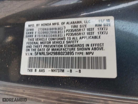 2011 Honda Odyssey LX with VIN 5FNRL5H29BB023895, listed as a IAAI auction lot 41897494 with 177,796 mi miles. Bid and sale history available at carsss.com. Image 9.
