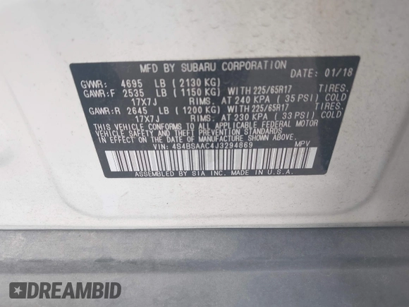 2018 Subaru Outback with VIN 4S4BSAAC4J3294869, listed as a IAAI auction lot 42262354 with 20,425 mi miles and . Bid and sale history available at DreamBid. Image 9.