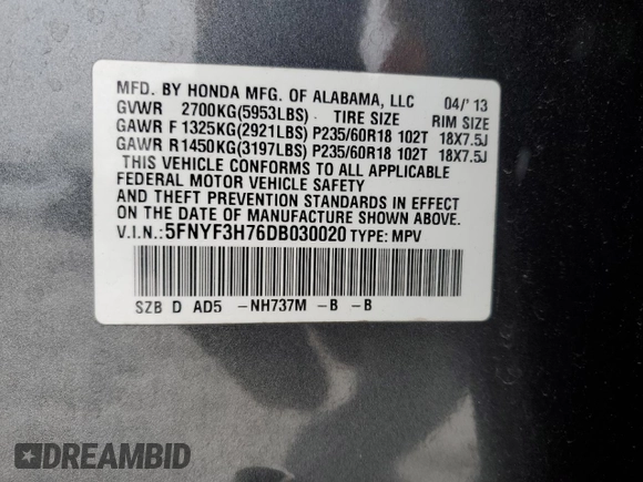 2013 Honda Pilot EX-L z VIN 5FNYF3H76DB030020, wystawiony jako Copart lot #88921585 z przebiegiem 194 570 mil mil oraz Szkoda całkowita • Salvage title. Historia ofert i sprzedaży dostępna na DreamBid. Obrazek 14.