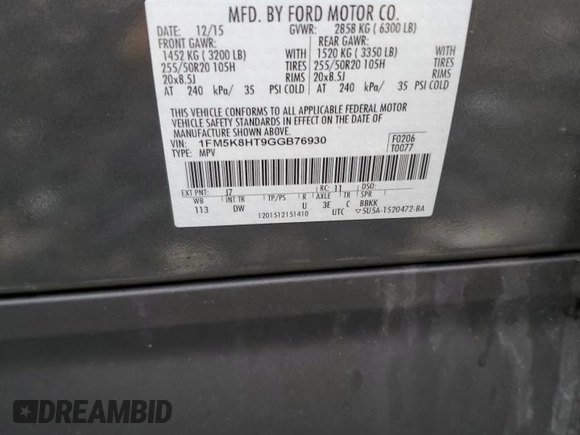 2016 Ford Explorer Platinum z VIN 1FM5K8HT9GGB76930, wystawiony jako Copart lot #56923465 z przebiegiem 141 811 mil mil oraz Szkoda całkowita • Salvage title. Historia ofert i sprzedaży dostępna na DreamBid. Obrazek 14.