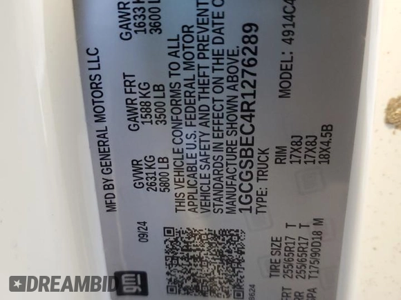 2024 Chevrolet Colorado 2WD Work Truck with VIN 1GCGSBEC4R1276289, listed as a Copart auction lot 61727905 with Not provided miles and Clean title. Bid and sale history available at DreamBid. Image 13.