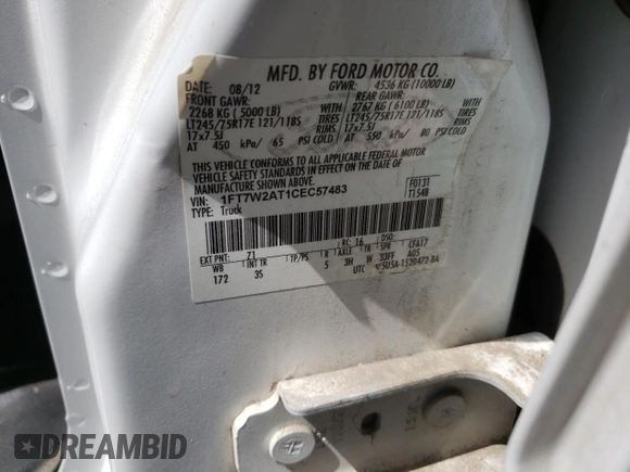 2012 Ford F-250 XL with VIN 1FT7W2AT1CEC57483, listed as a Copart auction lot 51013205 with Not provided miles and Salvage title. Bid and sale history available at DreamBid. Image 12.