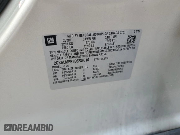 2014 GMC Terrain SLE с VIN 2GKALMEK3E6239316, выставлен на аукционе Copart как лот 62422885 с пробегом 153 772 миль миль и Чистый • Clean title. История ставок и продаж доступна на DreamBid. Изображение 13.