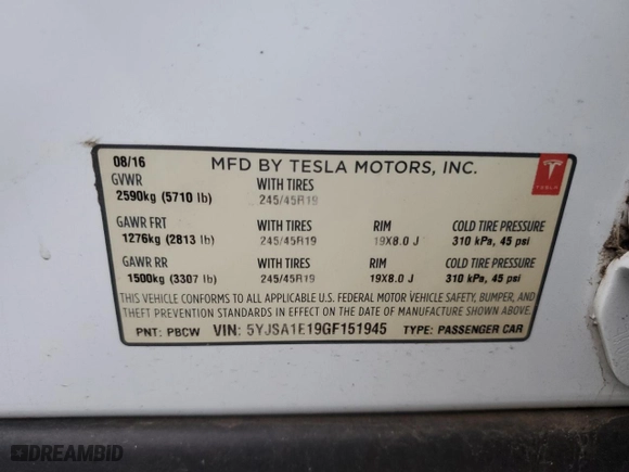 2016 Tesla Model S 70 kWh Battery with VIN 5YJSA1E19GF151945, listed as a Copart auction lot 83851454 with 74,473 mi miles and Non Repairable. Bid and sale history available at carsss.com. Image 12.