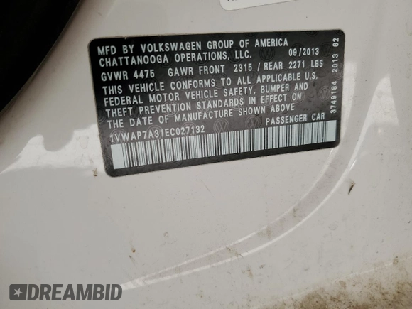 2014 Volkswagen Passat S w/Nav with VIN 1VWAP7A31EC027132, listed as a Copart auction lot 72162524 with 177,297 mi miles and Clean Title. Bid and sale history available at carsss.com. Image 14.