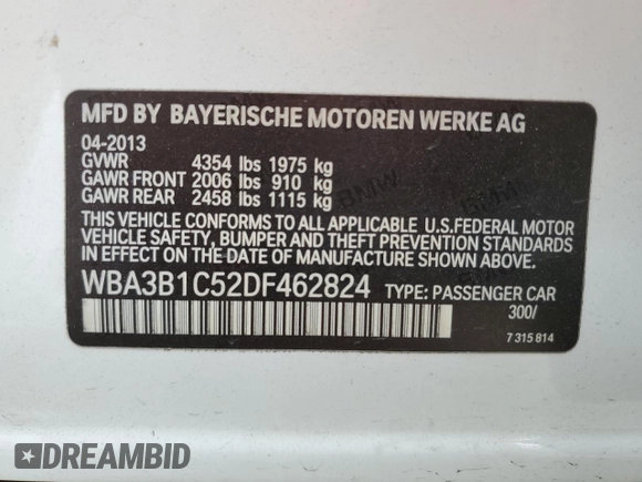 2013 BMW 3 Series 320i with VIN WBA3B1C52DF462824, listed as a Copart auction lot 85574804 with 102,845 mi miles and Salvage Title. Bid and sale history available at carsss.com. Image 13.