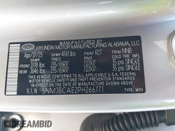 2023 Hyundai Tucson SEL with VIN 5NMJBCAE2PH266771, listed as a IAAI auction lot 41561131 with 34,256 mi miles and . Bid and sale history available at DreamBid. Image 9.