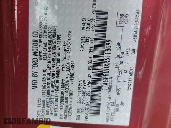 2024 Ford Mustang EcoBoost z VIN 1FAGP8UHXR5118099, wystawiony jako Copart lot #56729295 z przebiegiem 21 347 mil mil oraz Szkoda całkowita • Salvage title. Historia ofert i sprzedaży dostępna na DreamBid. Obrazek 13.
