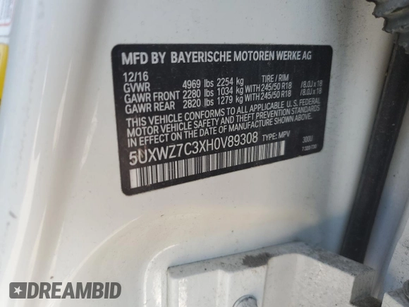 2017 BMW X3 sDrive28i with VIN 5UXWZ7C3XH0V89308, listed as a Copart auction lot 58942124 with 74,469 mi miles and Clean Title. Bid and sale history available at carsss.com. Image 13.