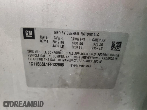 2015 Chevrolet Malibu LS with VIN 1G11B5SL1FF132508, listed as a Copart auction lot 54550035 with 172,259 mi miles and Non Repairable. Bid and sale history available at DreamBid. Image 12.