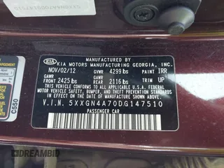 2013 Kia Optima EX with VIN 5XXGN4A70DG147510, listed as a IAAI auction lot 42211671 with 138,947 mi miles and . Bid and sale history available at carsss.com. Image 9.