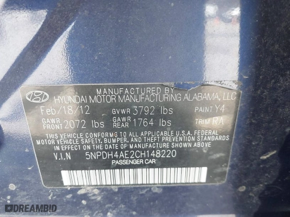 2012 Hyundai Elantra Limited with VIN 5NPDH4AE2CH148220, listed as a IAAI auction lot 41864394 with 88,480 mi miles. Bid and sale history available at carsss.com. Image 9.