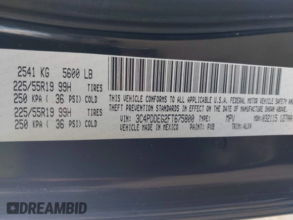 2015 Dodge Journey R/T with VIN 3C4PDDEG2FT675800, listed as a IAAI auction lot 42632614 with 220,084 mi miles and . Bid and sale history available at DreamBid. Image 9.