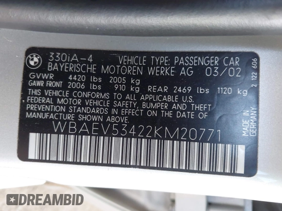 2002 BMW 3 Series 330i with VIN WBAEV53422KM20771, listed as a IAAI auction lot 42703688 with 180,402 mi miles and . Bid and sale history available at DreamBid. Image 9.