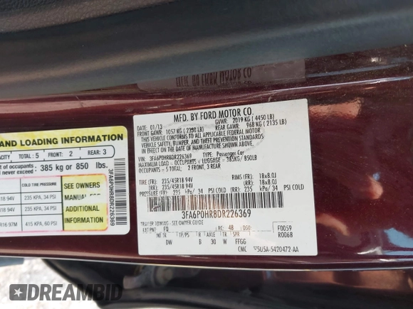 2013 Ford Fusion SE with VIN 3FA6P0HR8DR226369, listed as a IAAI auction lot 42400919 with 241,295 mi miles and . Bid and sale history available at DreamBid. Image 9.