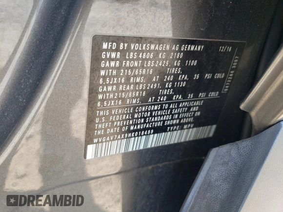 2017 Volkswagen Tiguan S z VIN WVGAV7AX9HK018499, wystawiony jako Copart lot #62606655 z przebiegiem 77 991 mil mil oraz Szkoda całkowita • Salvage title. Historia ofert i sprzedaży dostępna na DreamBid. Obrazek 12.