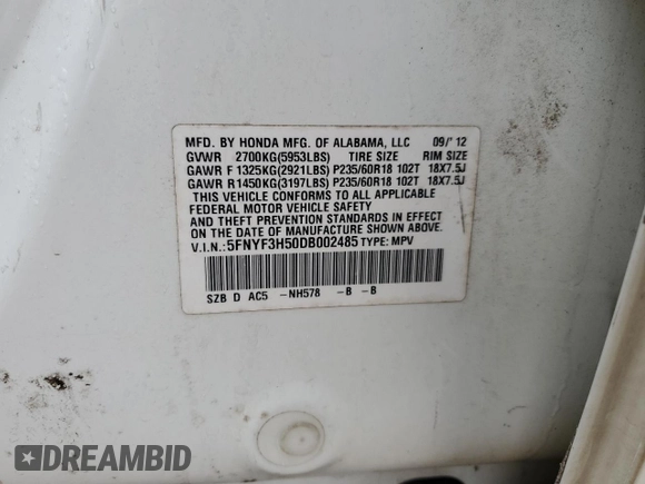 2013 Honda Pilot EX-L с VIN 5FNYF3H50DB002485, выставлен на аукционе Copart как лот 59740245 с пробегом 133 901 миль миль и Списание • Salvage title. История ставок и продаж доступна на DreamBid. Изображение 12.