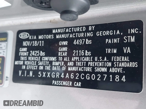 2012 Kia Optima SX with VIN 5XXGR4A62CG027184, listed as a IAAI auction lot 41236626 with 121,686 mi miles and . Bid and sale history available at carsss.com. Image 9.