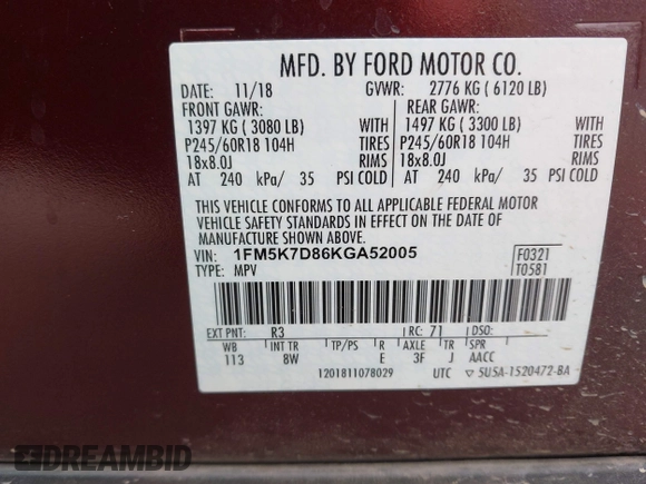 2019 Ford Explorer XLT with VIN 1FM5K7D86KGA52005, listed as a IAAI auction lot 42039161 with 72,553 mi miles and . Bid and sale history available at DreamBid. Image 9.