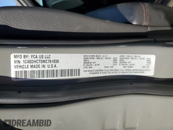 2021 Dodge Durango R/T with VIN 1C4SDHCT5MC761838, listed as a Copart auction lot 88305825 with 58,840 mi miles and Salvage Title. Bid and sale history available at DreamBid. Image 13.