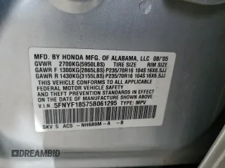 2005 Honda Pilot EX-L with VIN 5FNYF18575B061295, listed as a Copart auction lot 52235135 with 192,222 mi miles and Salvage Title. Bid and sale history available at carsss.com. Image 15.