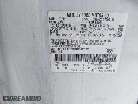 2012 Ford F-150 XL with VIN 1FTFX1ET9CKD52632, listed as a IAAI auction lot 41617005 with 204,952 mi miles. Bid and sale history available at carsss.com. Image 9.