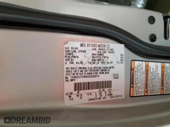 2004 Ford Explorer XLT with VIN 1FMZU73W84ZB26074, listed as a Copart auction lot 42253925 with 120,159 mi miles and Salvage title. Bid and sale history available at DreamBid. Image 13.