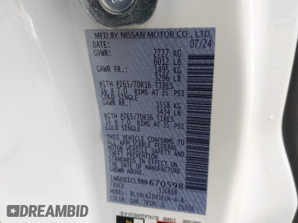 2024 Nissan Frontier S with VIN 1N6ED1CL9RN670598, listed as a IAAI auction lot 41606152 with 1,172 mi miles and . Bid and sale history available at DreamBid. Image 9.