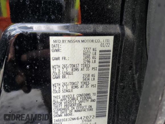 2022 Nissan Frontier SV with VIN 1N6ED1EJ2NN647072, listed as a Copart auction lot 59875525 with 76,065 mi miles and Salvage title. Bid and sale history available at DreamBid. Image 13.