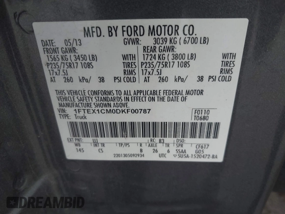 2013 Ford F-150 XL with VIN 1FTEX1CM0DKF00787, listed as a IAAI auction lot 42223847 with 129,202 mi miles and . Bid and sale history available at DreamBid. Image 9.
