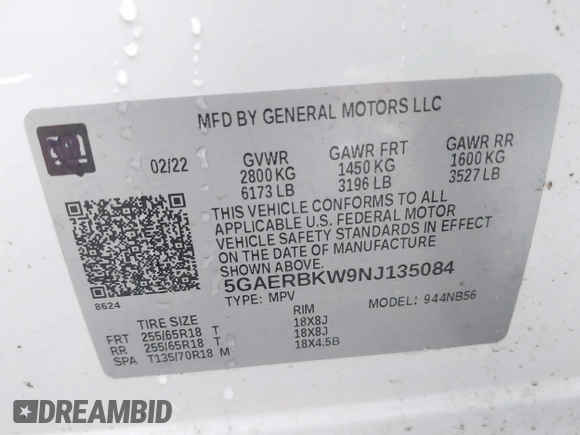 2022 Buick Enclave Essence with VIN 5GAERBKW9NJ135084, listed as a IAAI auction lot 41459518 with 88,735 mi miles. Bid and sale history available at carsss.com. Image 9.