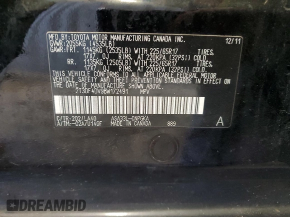 2011 Toyota RAV4 Limited with VIN 2T3DF4DV9BW172491, listed as a Copart auction lot 59930275 with 196,077 mi miles and Salvage title. Bid and sale history available at DreamBid. Image 12.