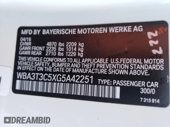 2016 BMW 4 Series 435i with VIN WBA3T3C5XG5A42251, listed as a Copart auction lot 63172184 with 38,725 mi miles and Salvage title. Bid and sale history available at DreamBid. Image 12.