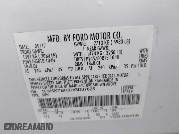 2017 Ford Explorer with VIN 1FM5K7BH0HGD07825, listed as a IAAI auction lot 42281325 with 89,706 mi miles and . Bid and sale history available at DreamBid. Image 9.