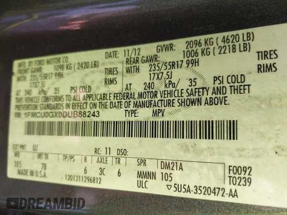 2013 Ford Escape SE с VIN 1FMCU0GX0DUB88243, выставлен на аукционе IAAI как лот 29672383 с пробегом Не указан миль и . История ставок и продаж доступна на DreamBid. Изображение 9.