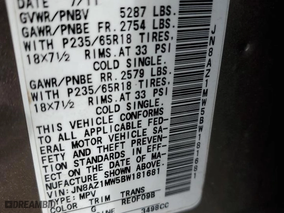 2011 Nissan Murano S with VIN JN8AZ1MW5BW181681, listed as a Copart auction lot 86249944 with 144,050 mi miles and Salvage Title. Bid and sale history available at carsss.com. Image 14.