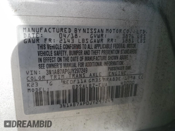 2018 Nissan Sentra S with VIN 3N1AB7AP0JY297249, listed as a Copart auction lot 47443315 with 153,058 mi miles and Salvage Title. Bid and sale history available at DreamBid. Image 13.