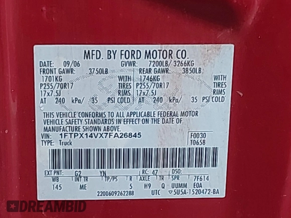 2007 Ford F-150 XLT with VIN 1FTPX14VX7FA26845, listed as a IAAI auction lot 42478708 with 270,895 mi miles and . Bid and sale history available at DreamBid. Image 9.