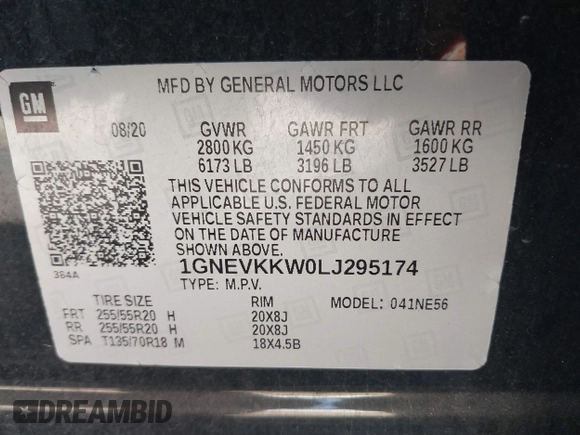 2020 Chevrolet Traverse Premier with VIN 1GNEVKKW0LJ295174, listed as a IAAI auction lot 41599409 with 30,291 mi miles. Bid and sale history available at carsss.com. Image 9.