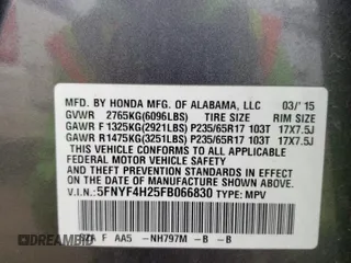 2015 Honda Pilot LX with VIN 5FNYF4H25FB066830, listed as a Copart auction lot 53032695 with 123,208 mi miles and Clean Title. Bid and sale history available at DreamBid. Image 13.