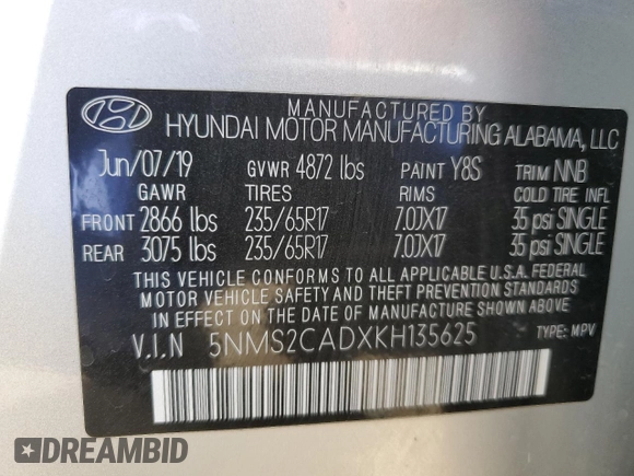 2019 Hyundai Santa Fe SE with VIN 5NMS2CADXKH135625, listed as a Copart auction lot 53326935 with 48,670 mi miles and Salvage Title. Bid and sale history available at carsss.com. Image 13.