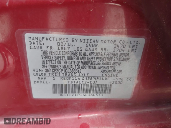 2016 Nissan Note S z VIN 3N1CE2CP1GL386513, wystawiony jako IAAI lot #41582213 z przebiegiem 109 293 mil mil oraz . Historia ofert i sprzedaży dostępna na DreamBid. Obrazek 9.